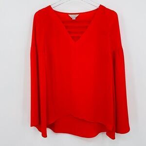 Belle & Sky Size XS Red Long Bell Sleeve V Neck Popover Blouse Top Boho